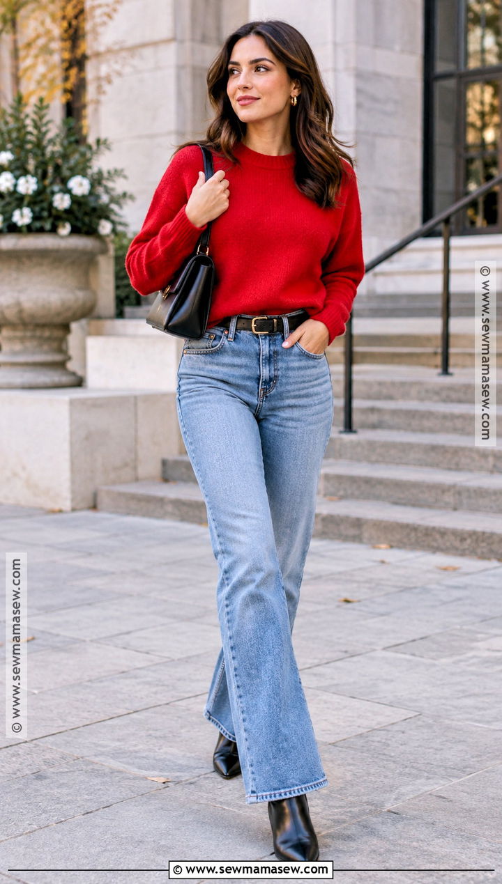 Red Sweater And Light Blue Jeans Outfit - 20 light blue jeans outfit fall