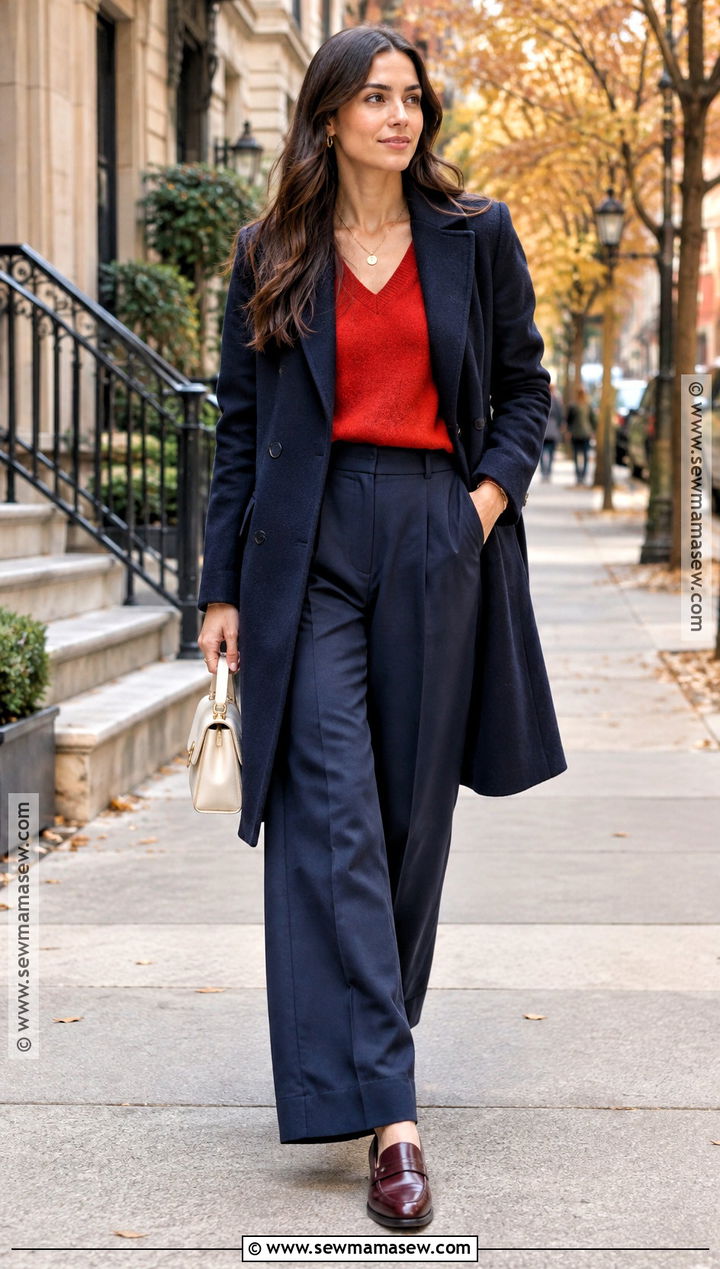 Red Sweater And Navy Trousers NYC Fall Outfit - 25 fall in new york city outfits