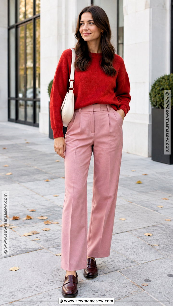 Red Sweater And Pink Trousers Autumn Outfit - 20 colorful autumn outfits