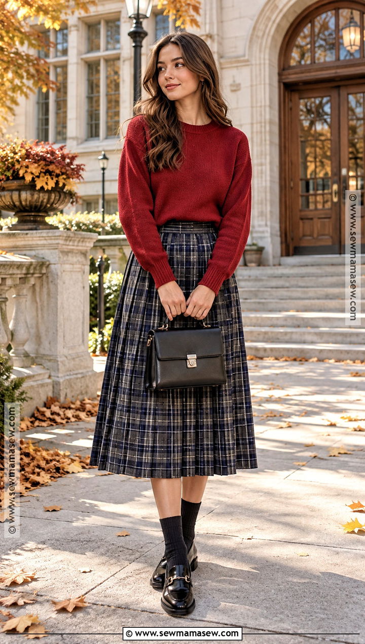 Red Sweater And Plaid Skirt Fall Outfit - 20 fall style ideas 2026