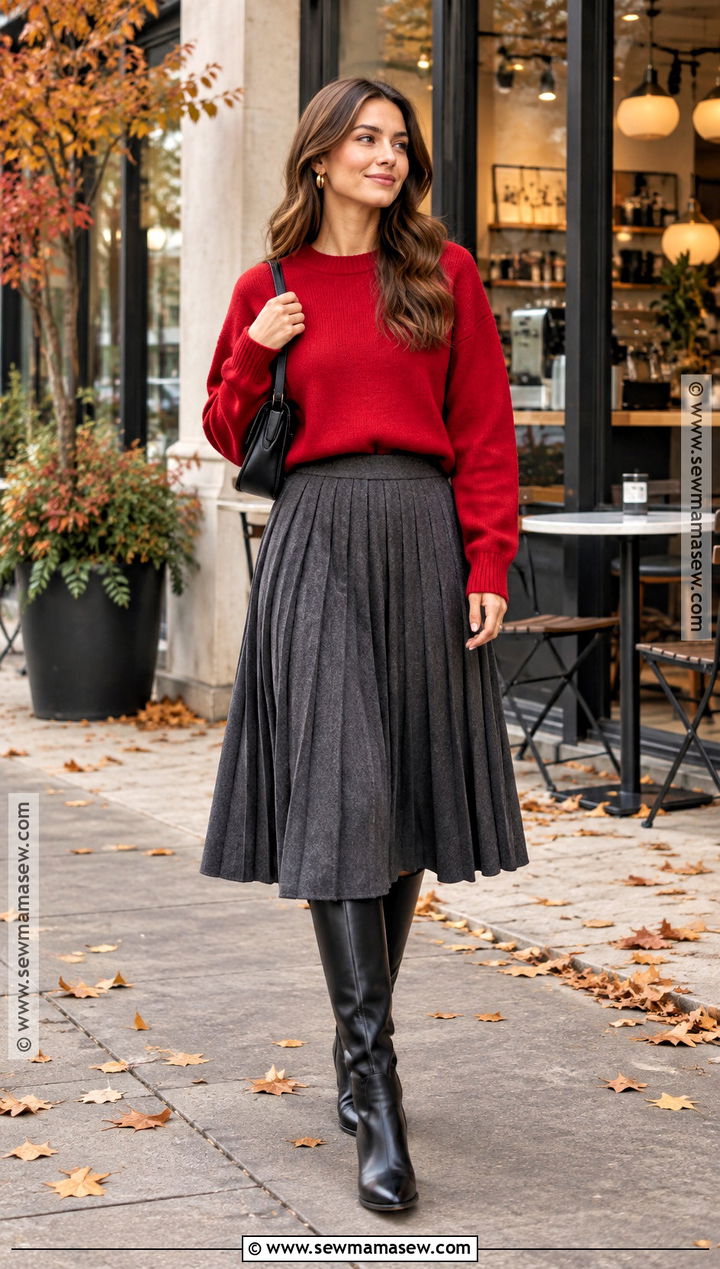 Red Sweater And Pleated Skirt Autumn Outfit - 15 autumn 24 fashion ideas