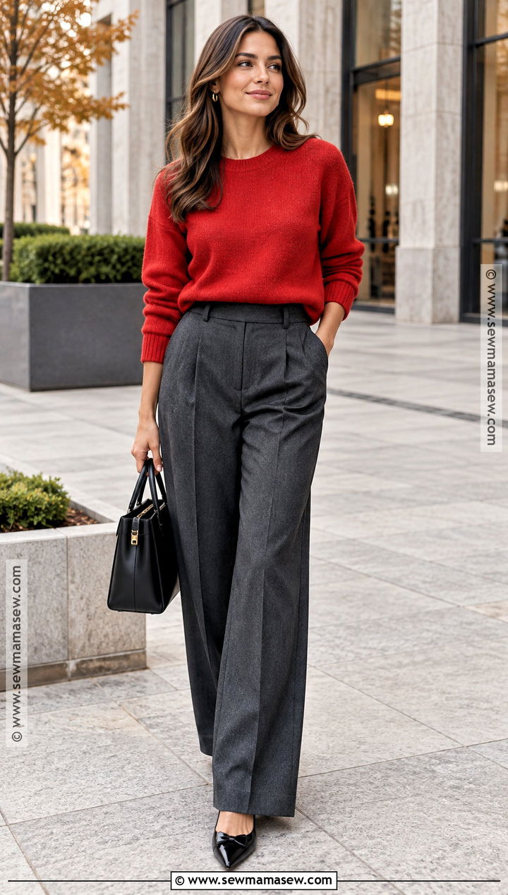 Red Sweater And Tailored Trousers Fall Outfit - 15 Modern Fall Outfits for Women