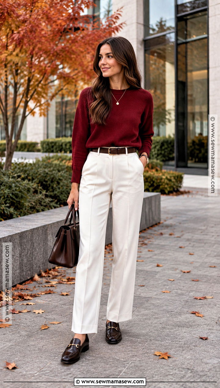 Red Sweater And White Pants Autumn Outfit - 25 white pants outfit autumn