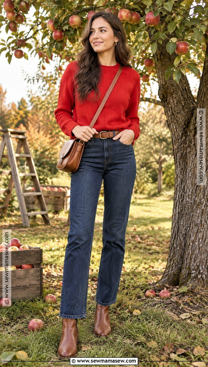 Red Sweater Apple Picking Outfit With Dark Jeans - 20 Apple Picking Outfits Fall