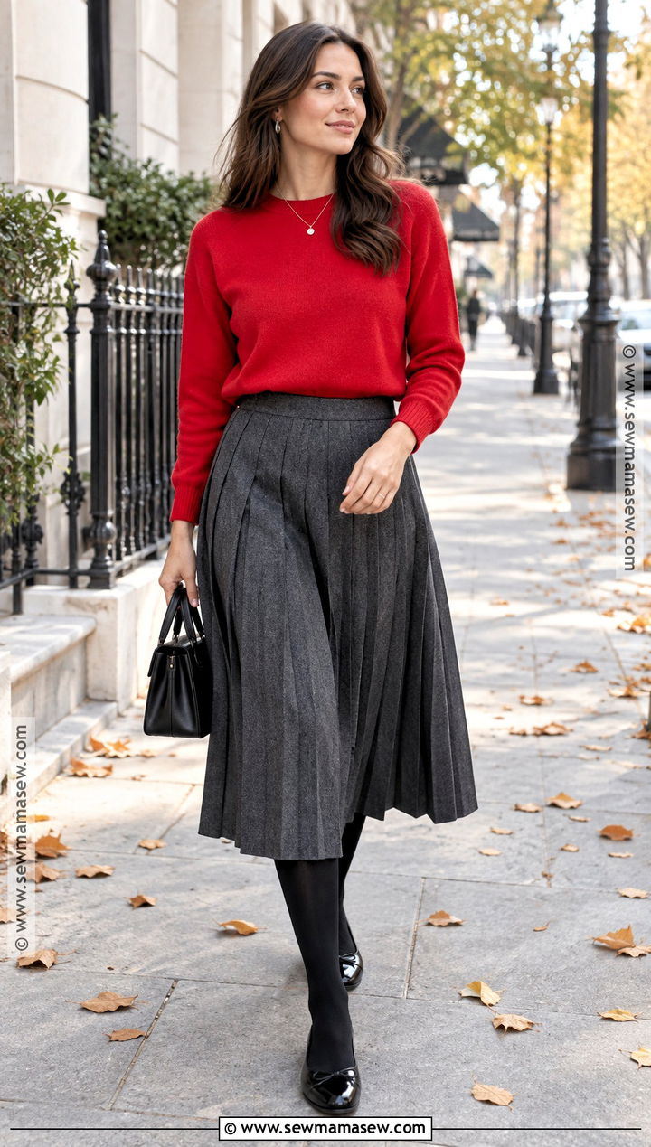 Red Sweater Gray Midi Skirt And Ballet Flats Fall Outfit - 25 fall fit ideas