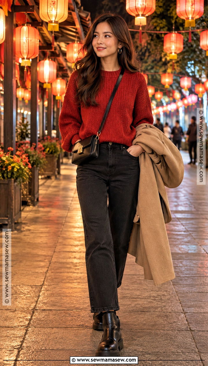 Red Sweater Lantern Festival Outfit With Black Jeans - 15 Lantern Festival Outfit Fall Ideas