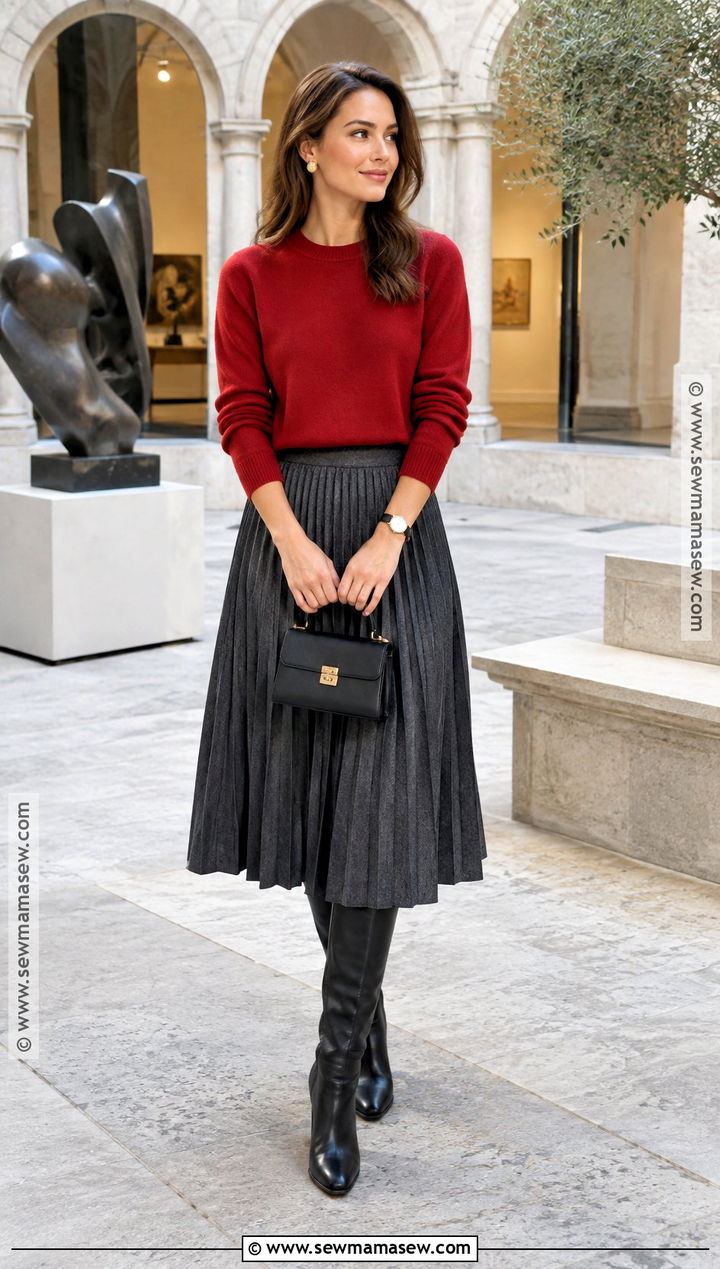 Red Sweater Outfit With Pleated Skirt - 15 Autumn Sweaters for Women