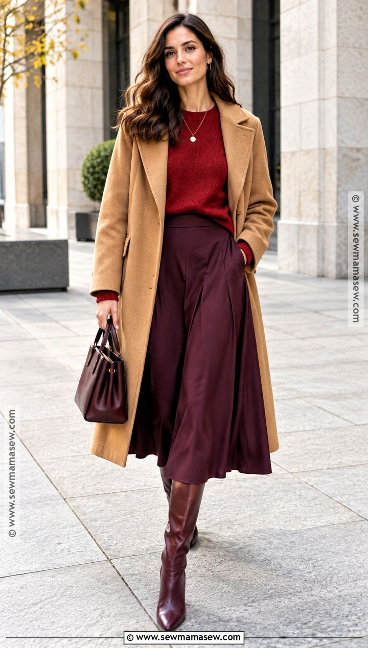 Red Sweater Purple Midi Skirt And Burgundy Boots Fall Outfit - 20 Fall Outfit Collage Ideas