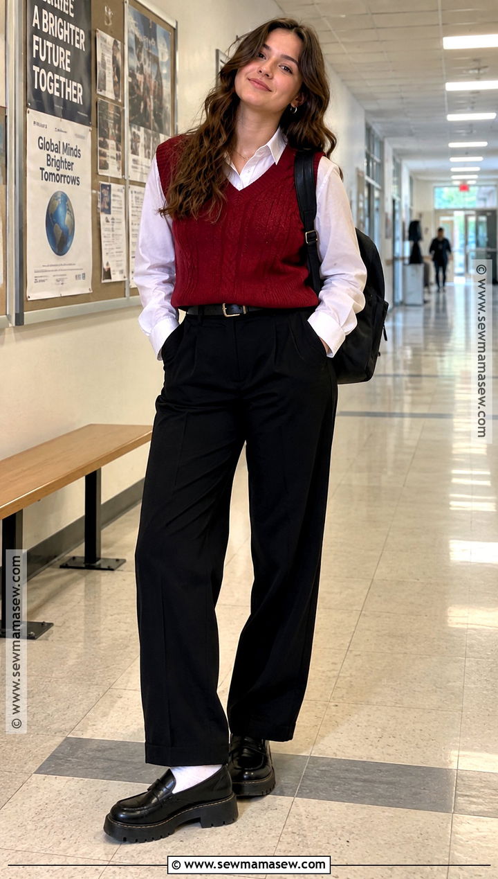 Red Sweater Vest And Black Trousers Outfit - 20 red back to school outfits