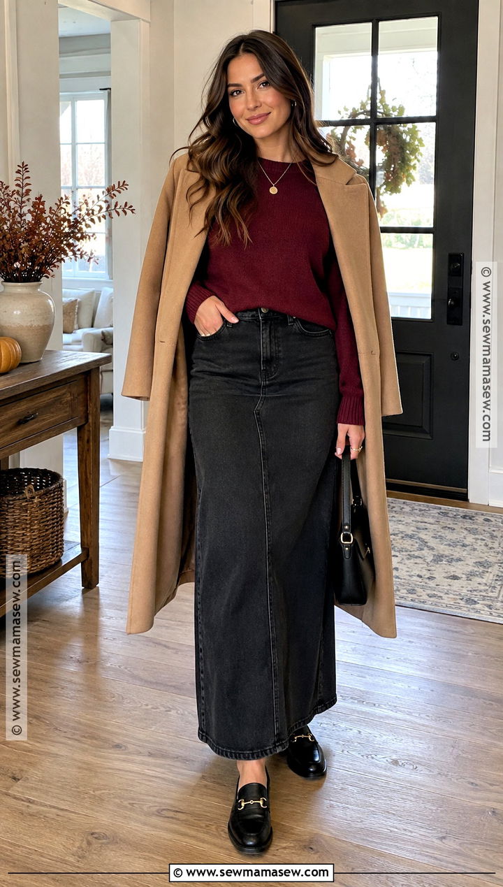 Red Sweater With Black Jean Maxi Skirt And Loafers - 20 thanksgiving outfit jean skirt ideas