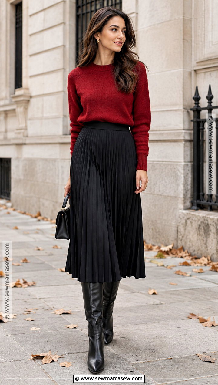 Red Sweater With Black Midi Skirt - 25 Autumn Sweater Ideas