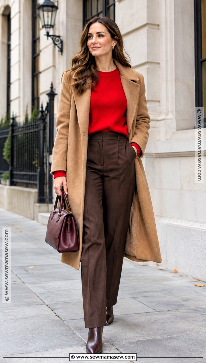 Red Sweater With Brown Trousers - 20 Autumn Knitwear Ideas