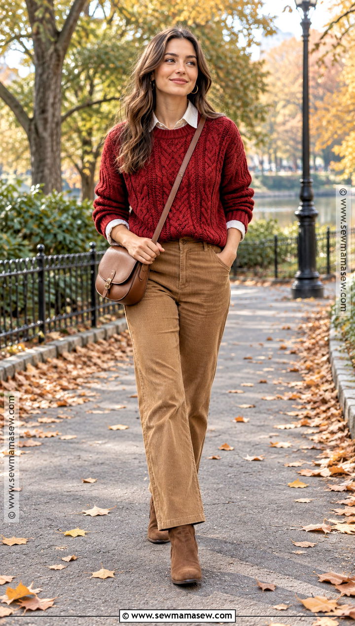 Red Sweater With Corduroy Pants - 15 Cozy Red Sweater Fall Fashion Ideas