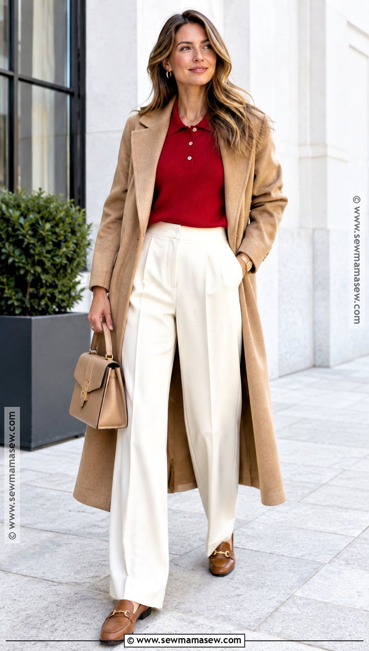 Red Sweater With Cream Wide Leg Pants - 15 cozy red sweater fall style ideas