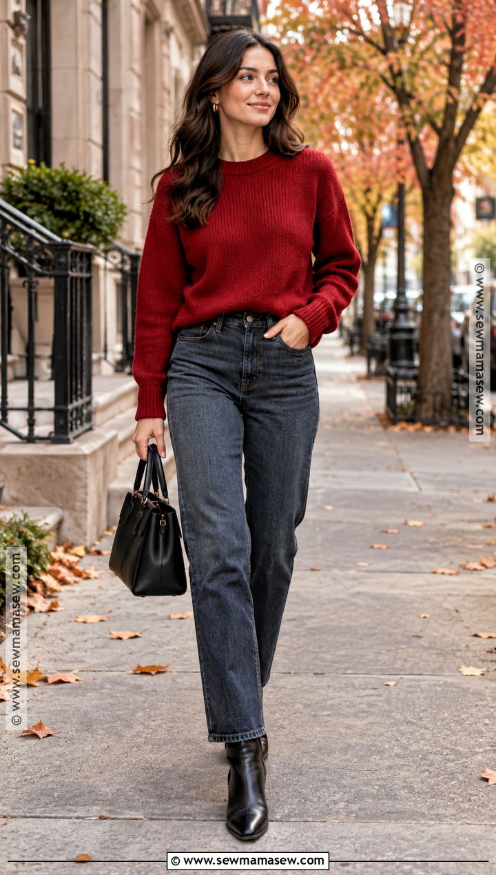 Red Sweater With Dark Wash Denim - 20 cute sweaters for fall