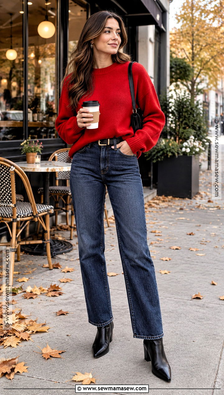 Red Sweater With Dark Wash Jeans - 25 fall sweater outfits