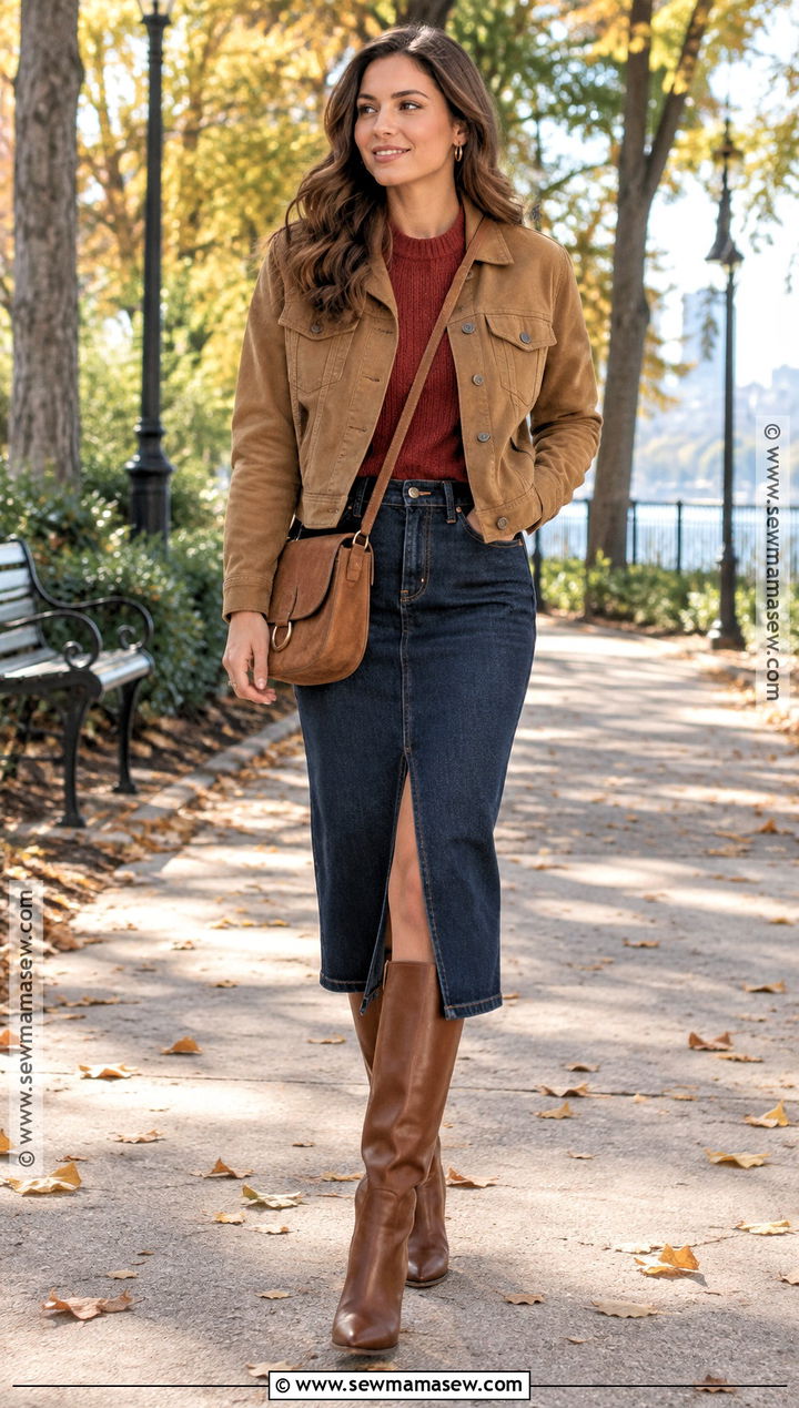 Red Sweater With Denim Midi Skirt - 15 autumn red sweater ideas