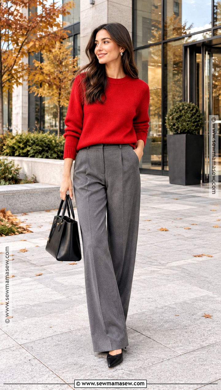 Red Sweater With Gray Tailored Pants - 15 fall style ideas for women 2026