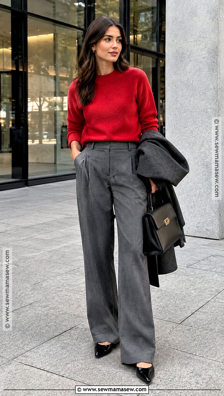 Red Sweater With Gray Trousers And Flats - 25 fall city outfits