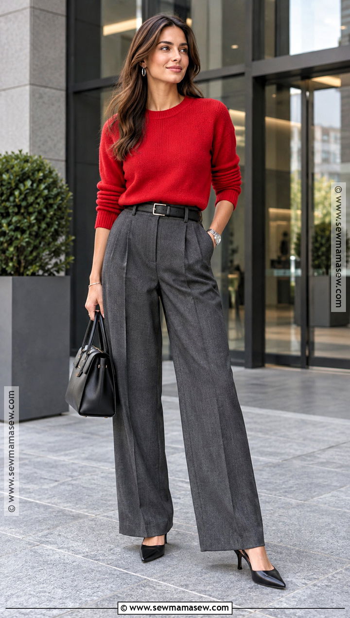 Red Sweater With Gray Trousers And Slingback Shoes - 15 Outfit Autumn 2026 Ideas for Women