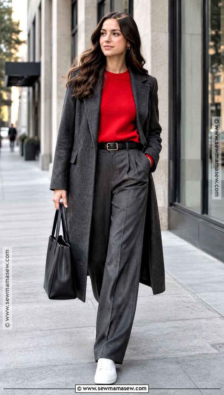 Red Sweater With Gray Trousers And Sneakers - 15 2026 fall style ideas