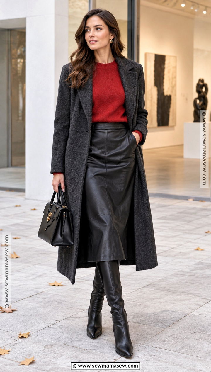 Red Sweater With Leather Midi Skirt - 15 cozy red sweater fall style ideas