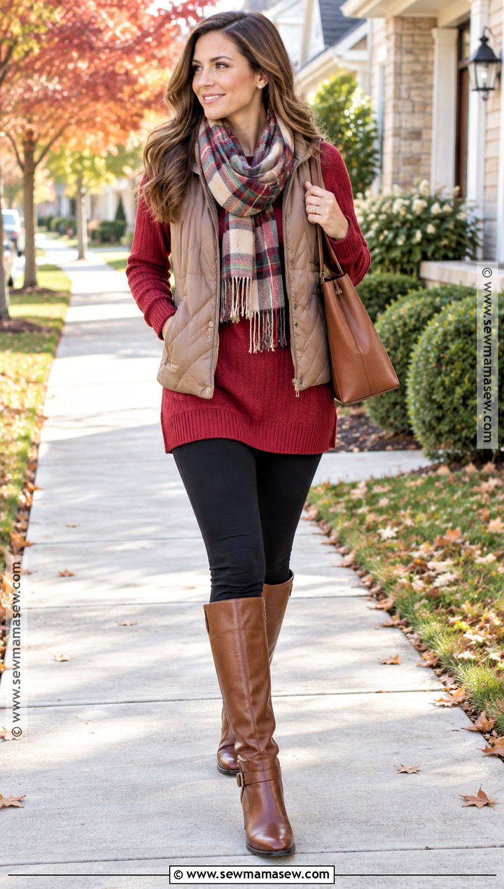 Red Sweater With Leggings and Riding Boots - 15 Cozy Red Sweater Fall Fashion Ideas
