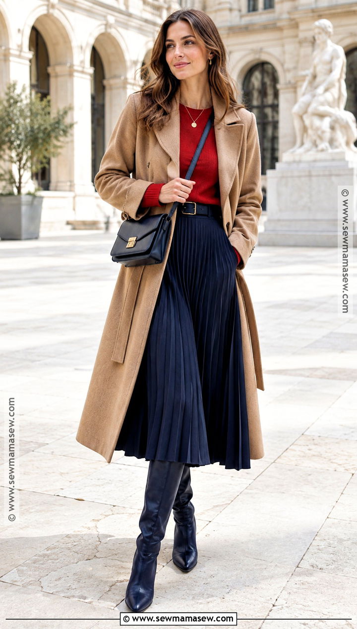 Red Sweater With Pleated Midi Skirt - 15 cozy red sweater fall style ideas