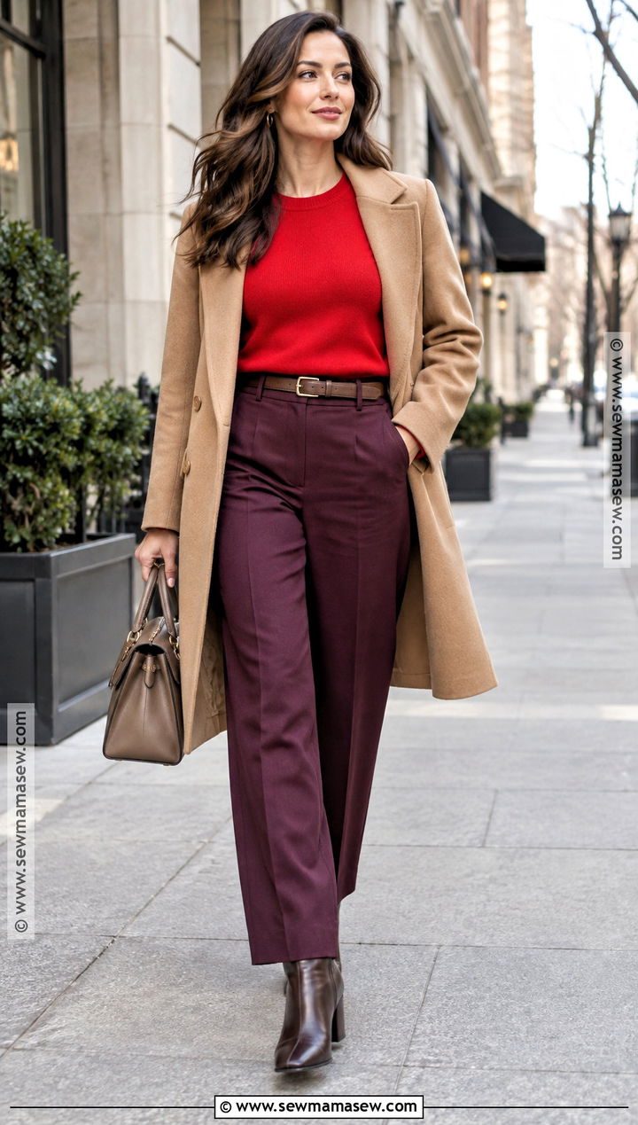 Red Sweater With Plum Trousers - 25 sweater weather outfits