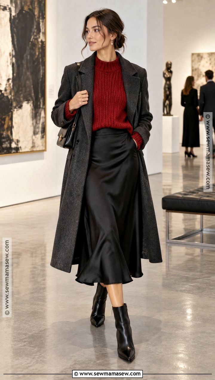 Red Sweater With Satin Midi Skirt - 15 autumn red sweater ideas