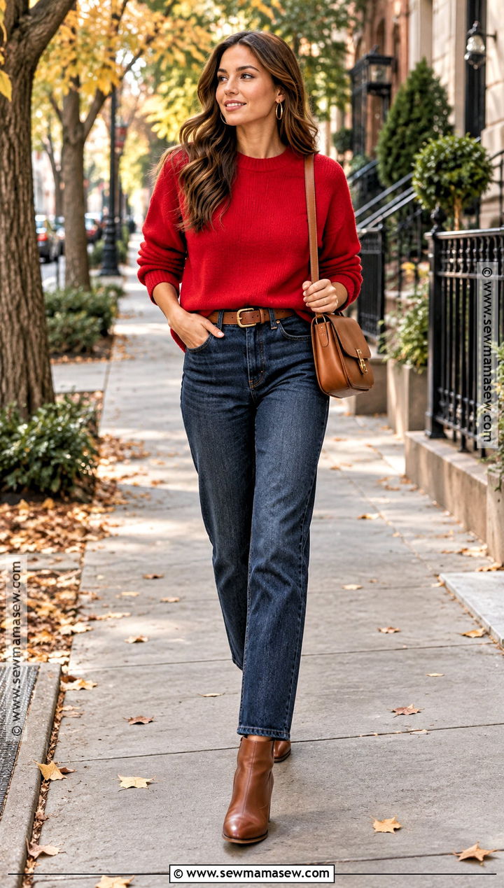 Red Sweater With Straight Leg Jeans - 15 cozy red sweater fall style ideas