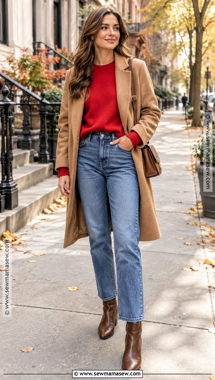 Red Sweater With Straight Leg Jeans - 15 autumn red sweater ideas