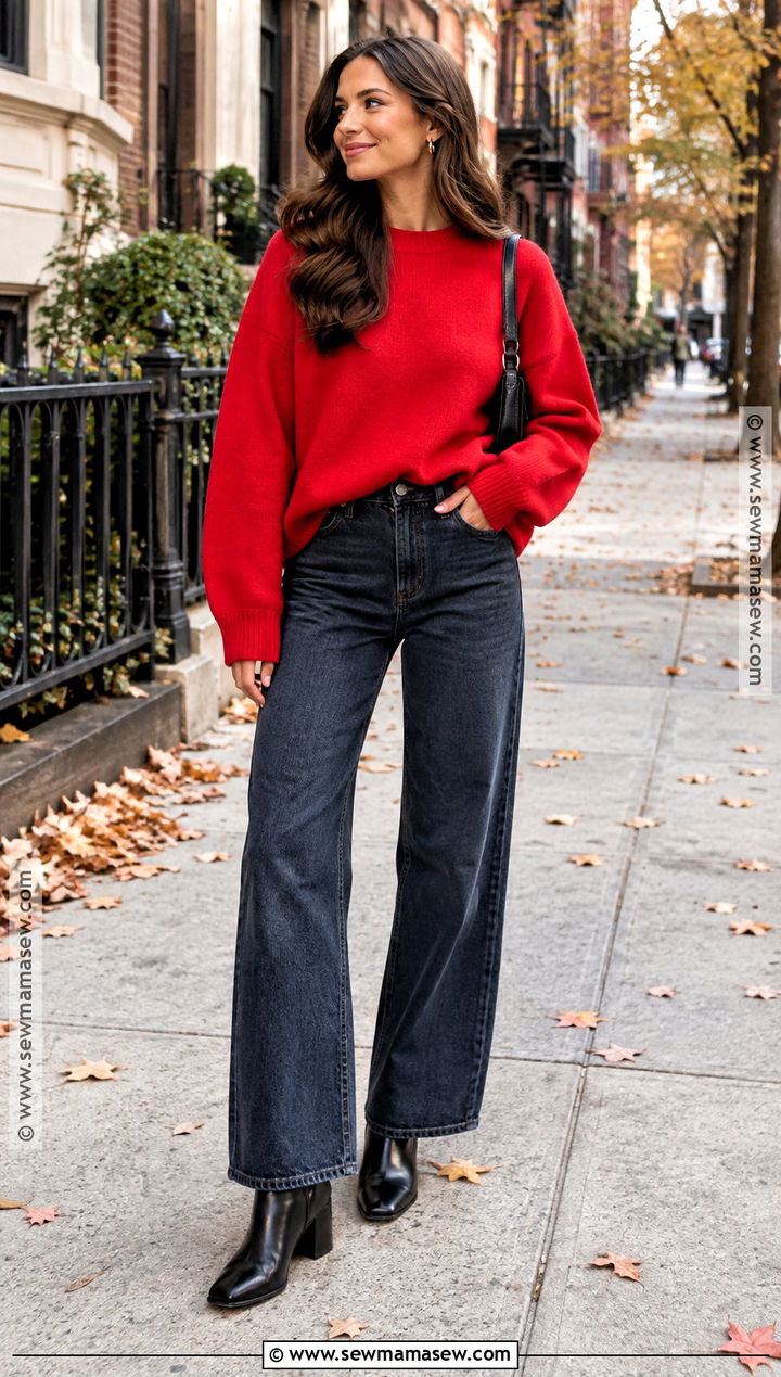 Red Sweater With Wide Leg Jeans - 15 Fall Pop Of Color Outfit Ideas
