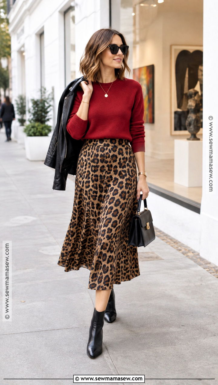 Red Sweater With a Leopard Midi Skirt - 15 Cozy Red Sweater Fall Fashion Ideas