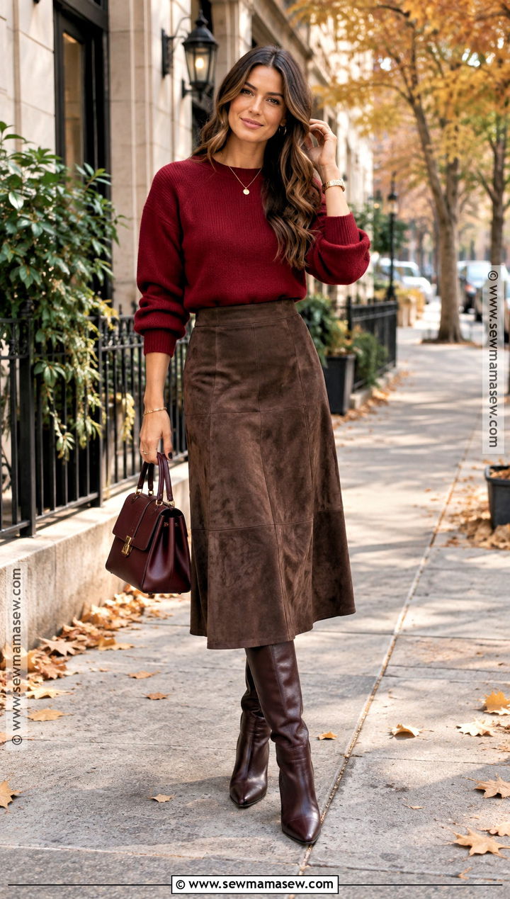 Red Sweater and Brown Midi Skirt Outfit - 20 sweater skirt outfit fall ideas