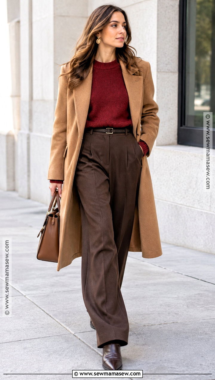 Red Sweater and Chocolate Trousers Autumn Outfit - 20 autumn outfits 2026 women trends