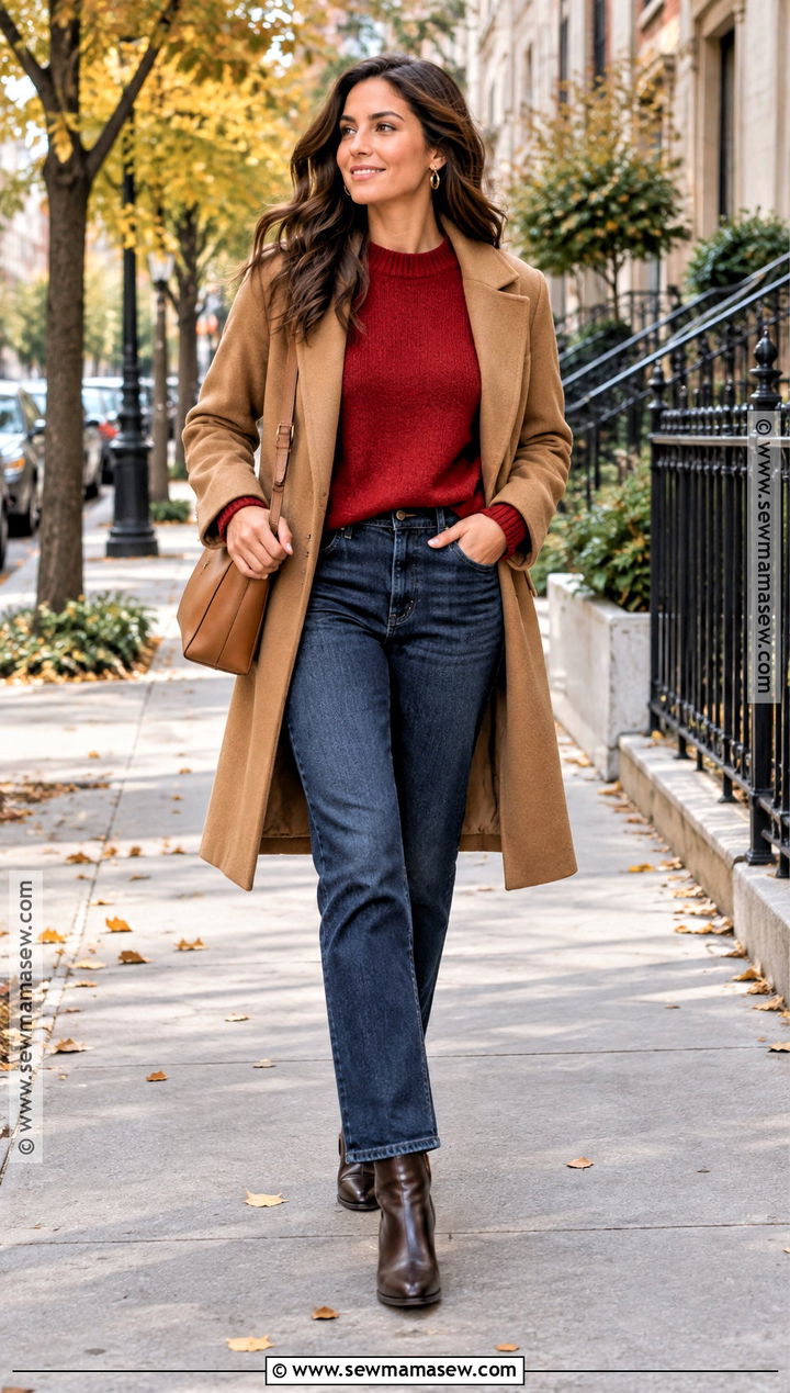 Red Sweater and Dark Blue Jeans Autumn Outfit - 25 colourful autumn outfits