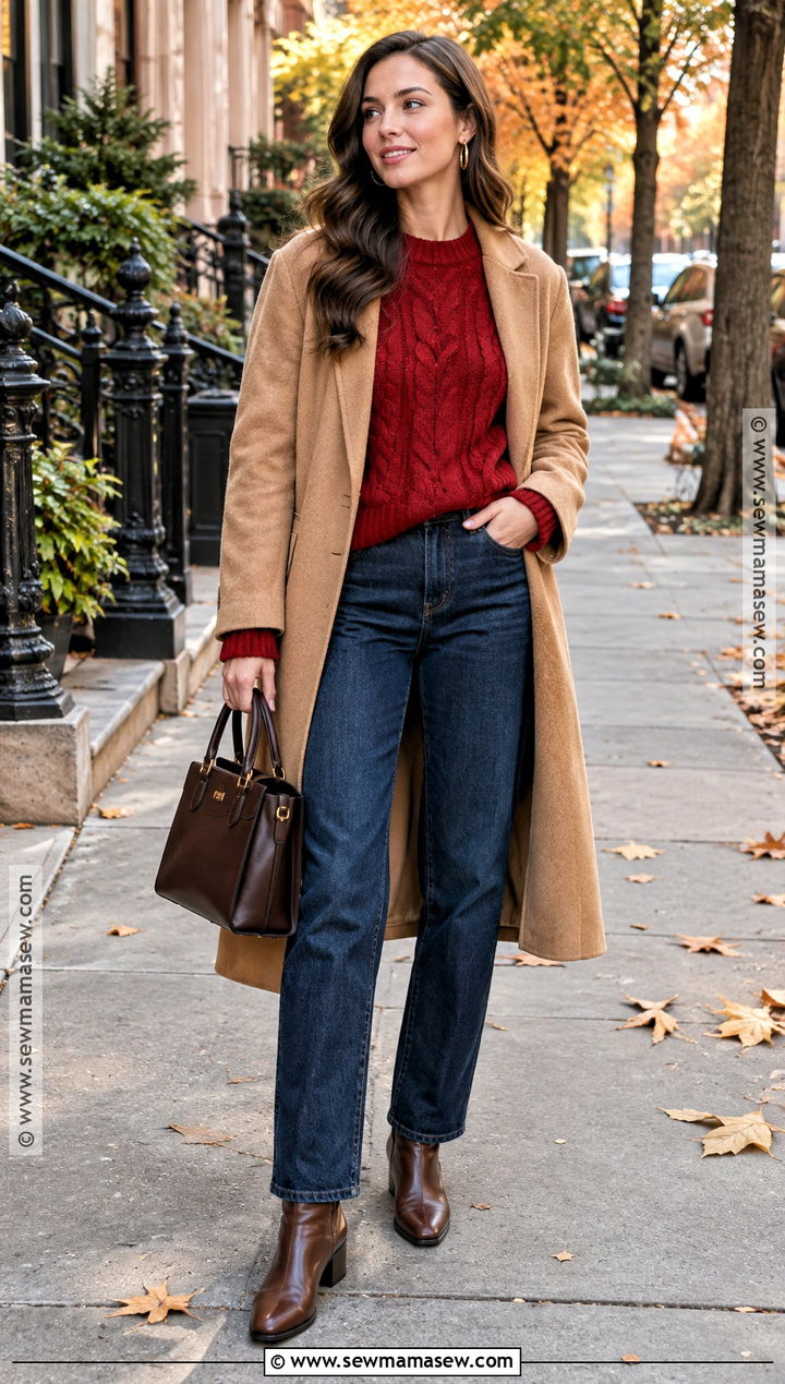 Red Sweater and Dark Wash Jeans Fall Outfit - 15 red fall outfits aesthetic