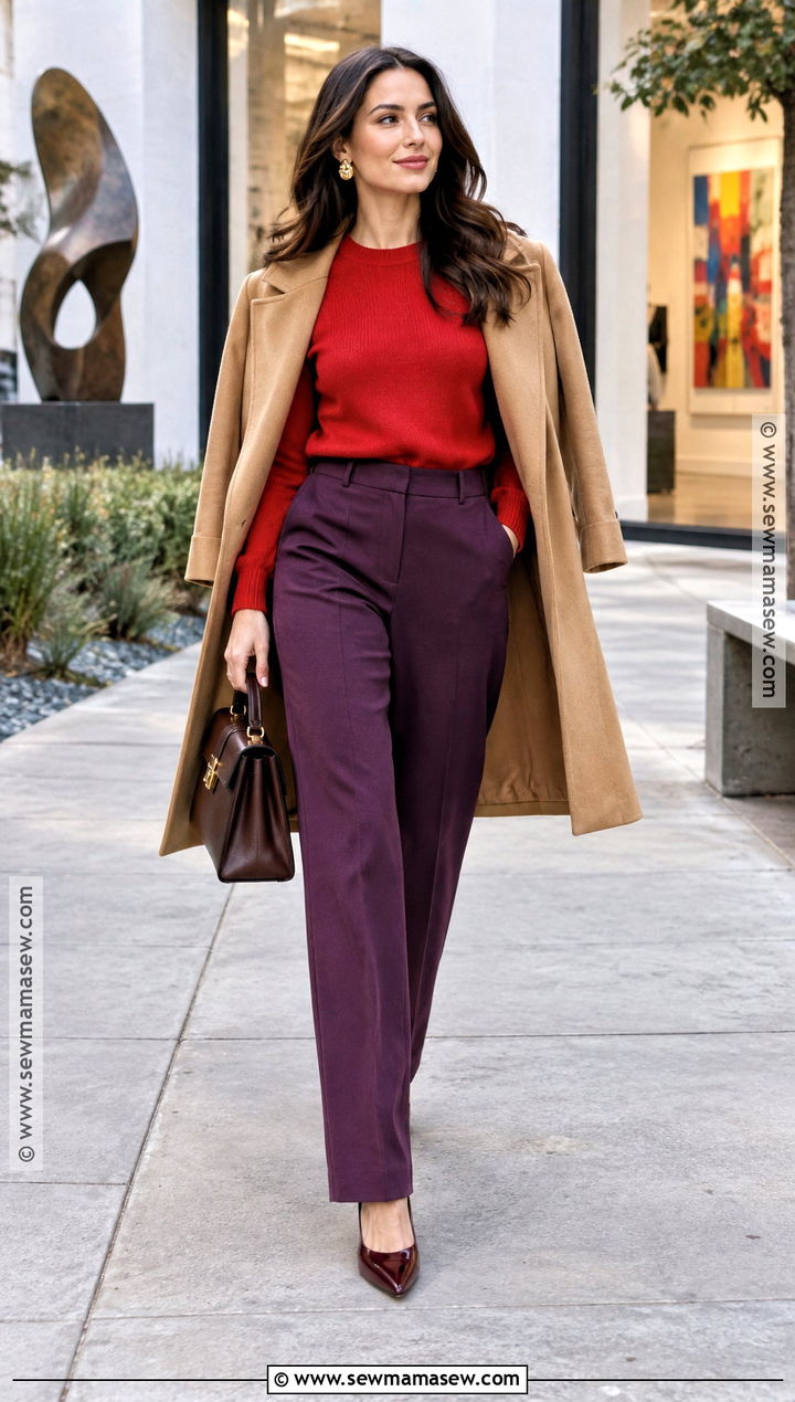 Red Sweater and Purple Trousers Fall Outfit - 25 Fall Season Outfits