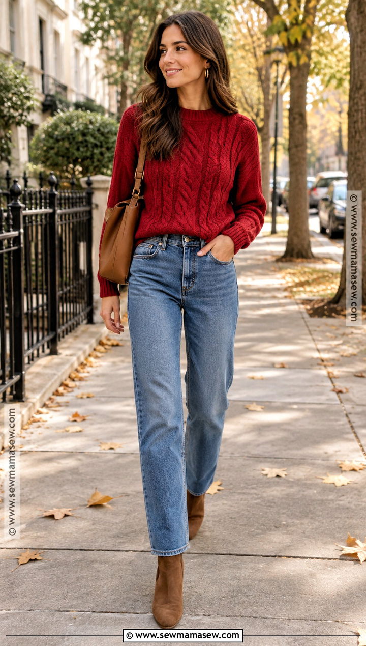 Red Sweater and Straight Leg Jeans Fall Outfit - 25 red fall outfits