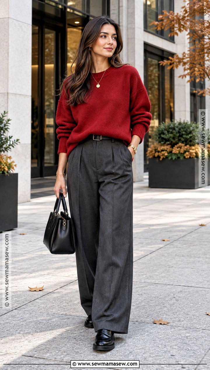 Red Sweater and Tailored Trousers Outfit - 15 Fall Outfits for Young Women