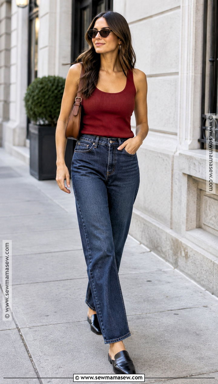 Red Tank Top And Dark Wash Jeans Outfit - 25 hot fall day outfit ideas