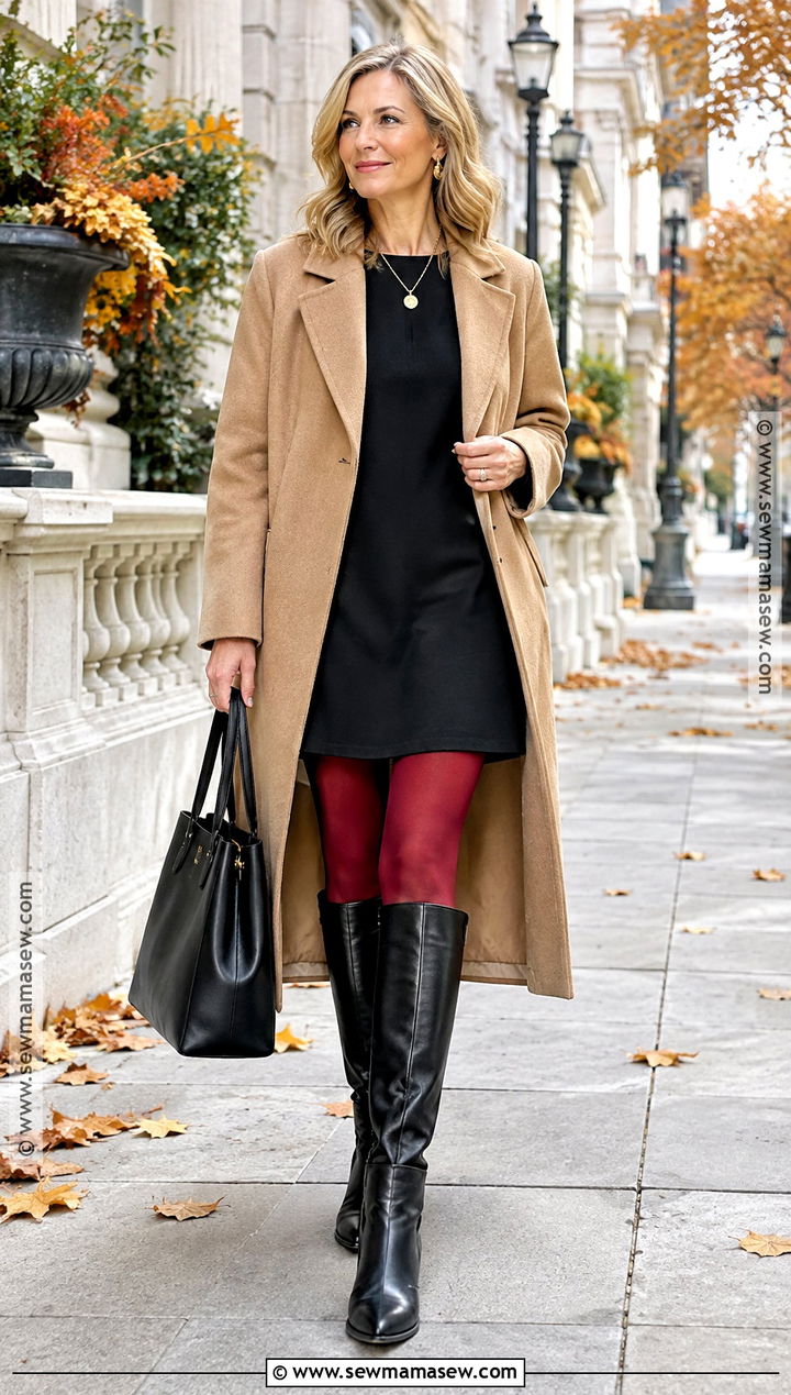 Red Tights With Camel Coat And Black Dress - 15 red tights fall outfit ideas