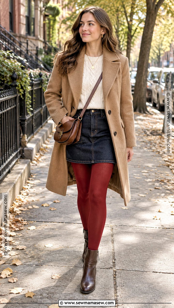 Red Tights With Cream Sweater And Denim Skirt - 15 red tights fall outfit ideas