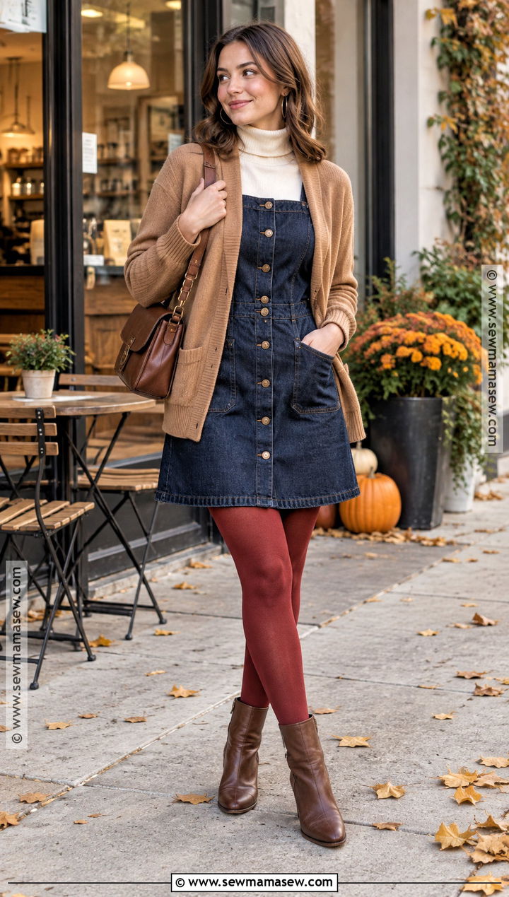 Red Tights With Denim Dress And Brown Boots - 15 red tights fall outfit ideas