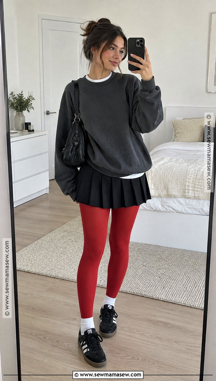 Red Tights With Oversized Sweatshirt And Pleated Skirt - 15 red tights fall outfit ideas