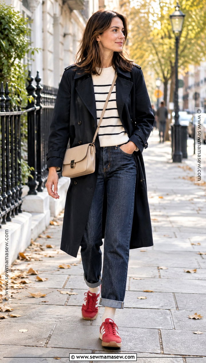 Red Trainers With Navy Trench And Dark Jeans - 20 autumn trainers ideas
