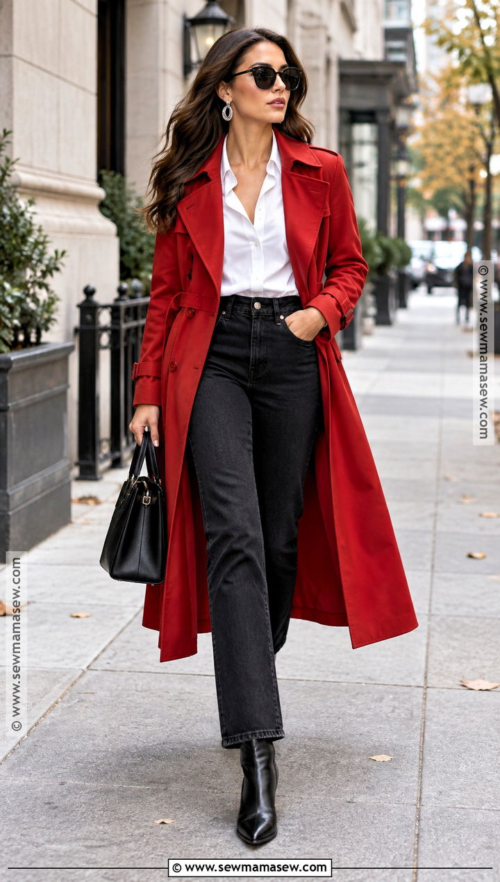 Red Trench Coat And Black Jeans Fall Outfit - 20 punchy fall outfits