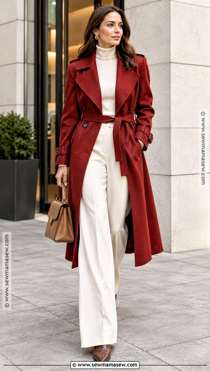 Red Trench Coat and Cream Trousers Fall Outfit - 25 red fall outfits