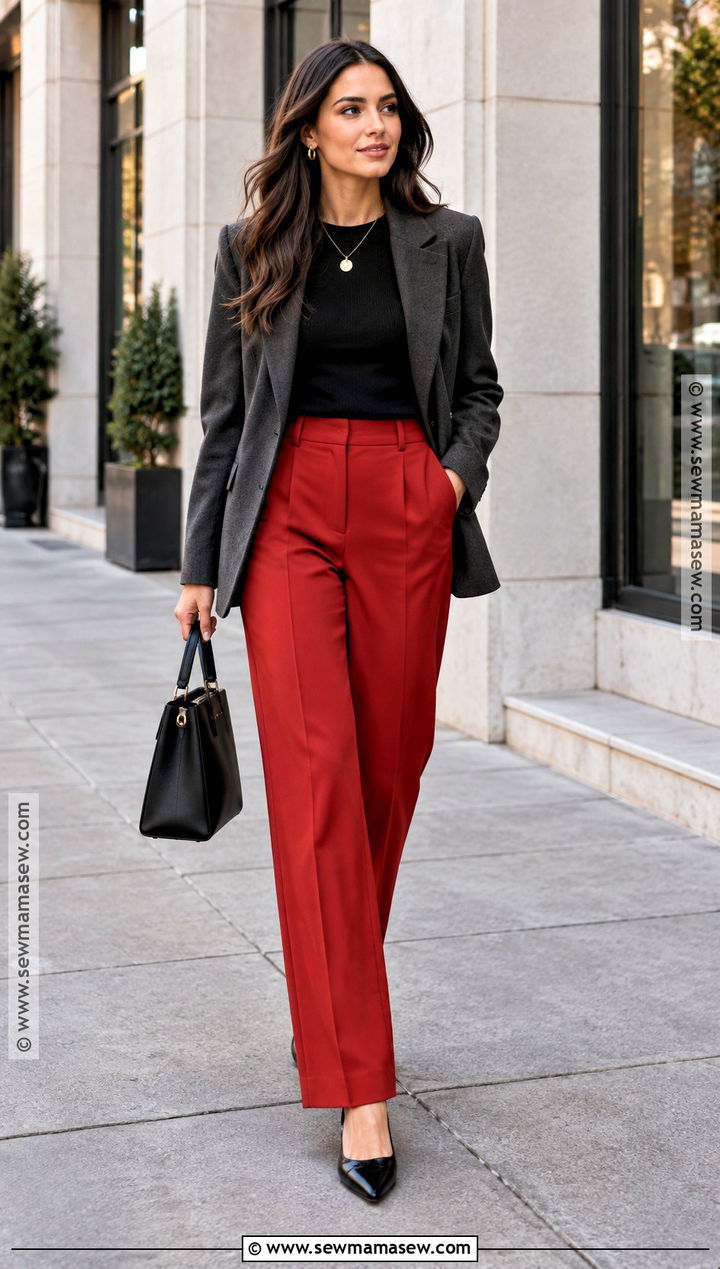 Red Trousers Outfit - 20 fall trousers outfit ideas